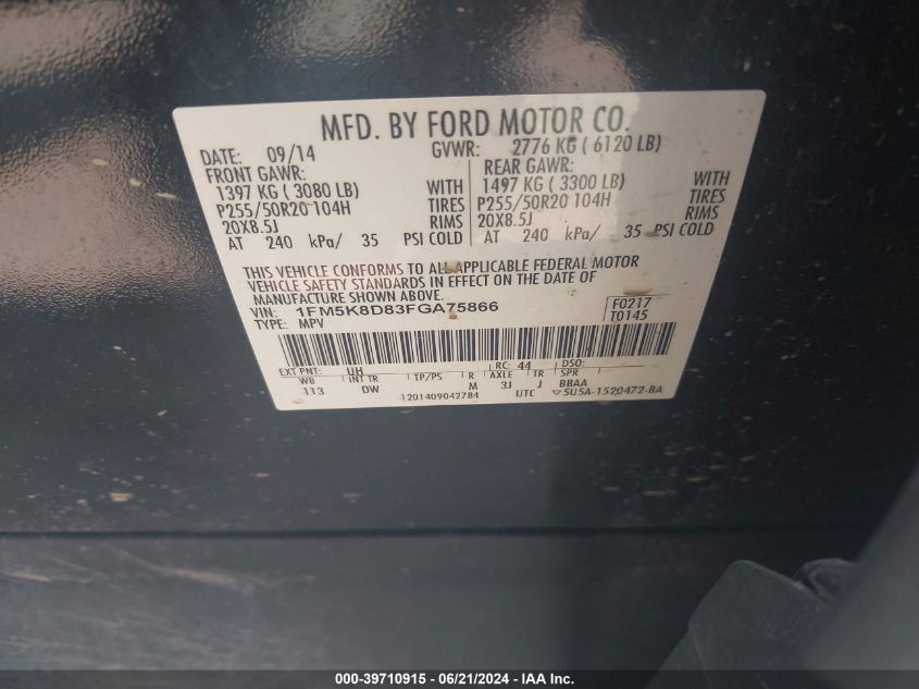 2015 Ford Explorer Xlt VIN: 1FM5K8D83FGA75866 Lot: 39710915