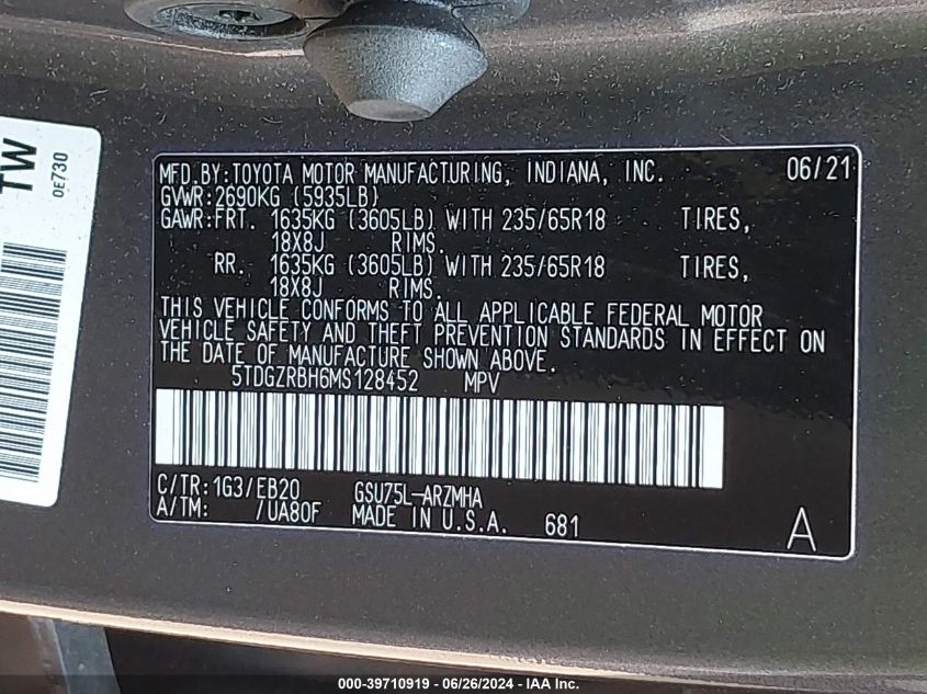 2021 Toyota Highlander Xle VIN: 5TDGZRBH6MS128452 Lot: 39710919