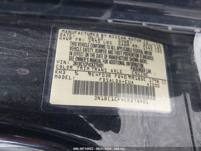 2012 Nissan Versa S/Sl VIN: 3N1BC1CP4CK278401 Lot: 39710922