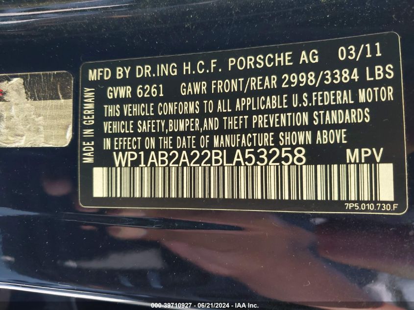 2011 Porsche Cayenne S VIN: WP1AB2A22BLA53258 Lot: 39710927