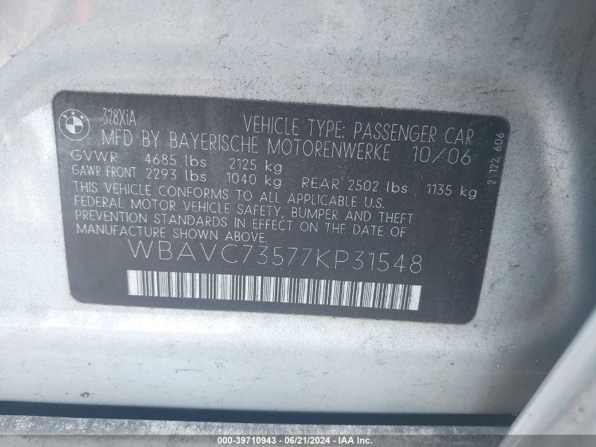 2007 BMW 328 Xi Sulev VIN: WBAVC73577KP31548 Lot: 39710943