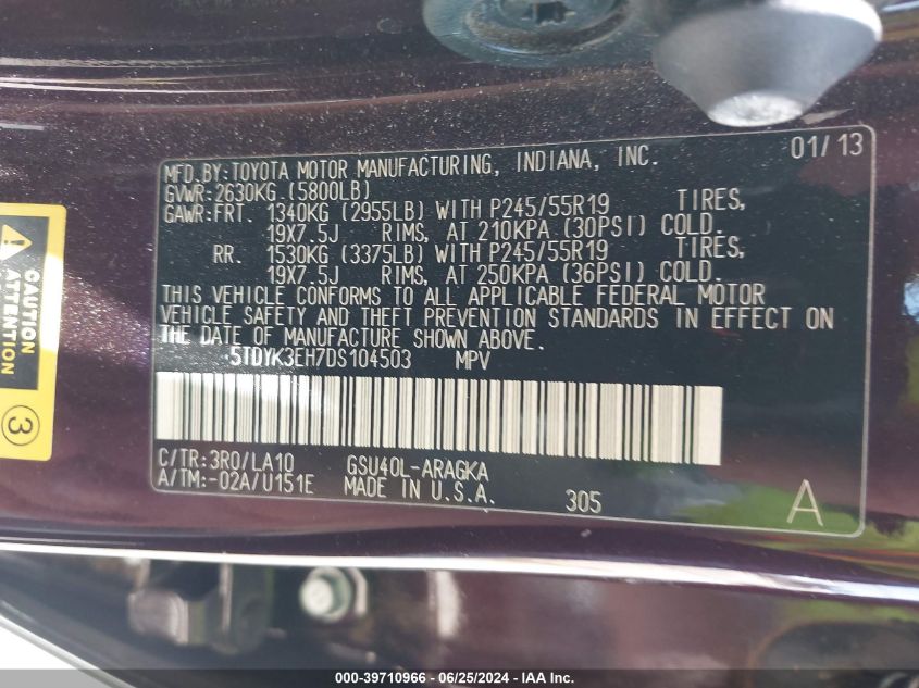 2013 Toyota Highlander Limited V6 VIN: 5TDYK3EH7DS104503 Lot: 39710966