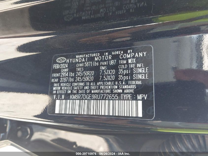 2024 Hyundai Palisade Calligraphy VIN: KM8R7DGE9RU772655 Lot: 39710976