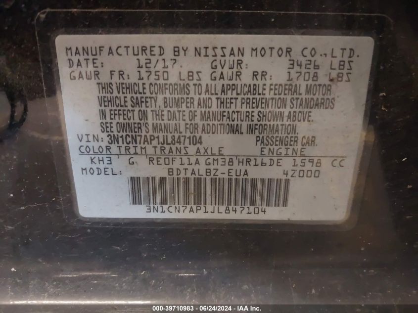 2018 Nissan Versa 1.6 Sv VIN: 3N1CN7AP1JL847104 Lot: 39710983