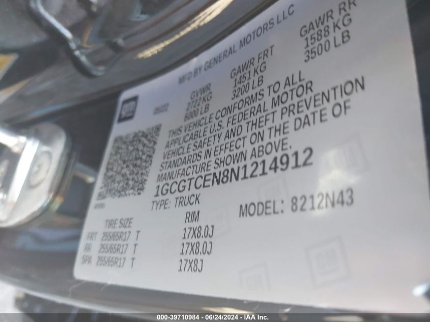 2022 Chevrolet Colorado 4Wd Short Box Lt VIN: 1GCGTCEN8N1214912 Lot: 39710984