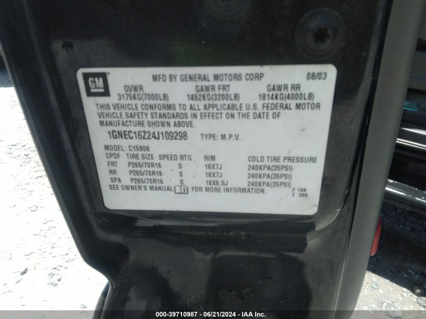 2004 Chevrolet Suburban 1500 Lt VIN: 1GNEC16Z24J109298 Lot: 39710987