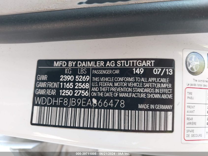 2014 Mercedes-Benz E 350 4Matic VIN: WDDHF8JB9EA866478 Lot: 39711005