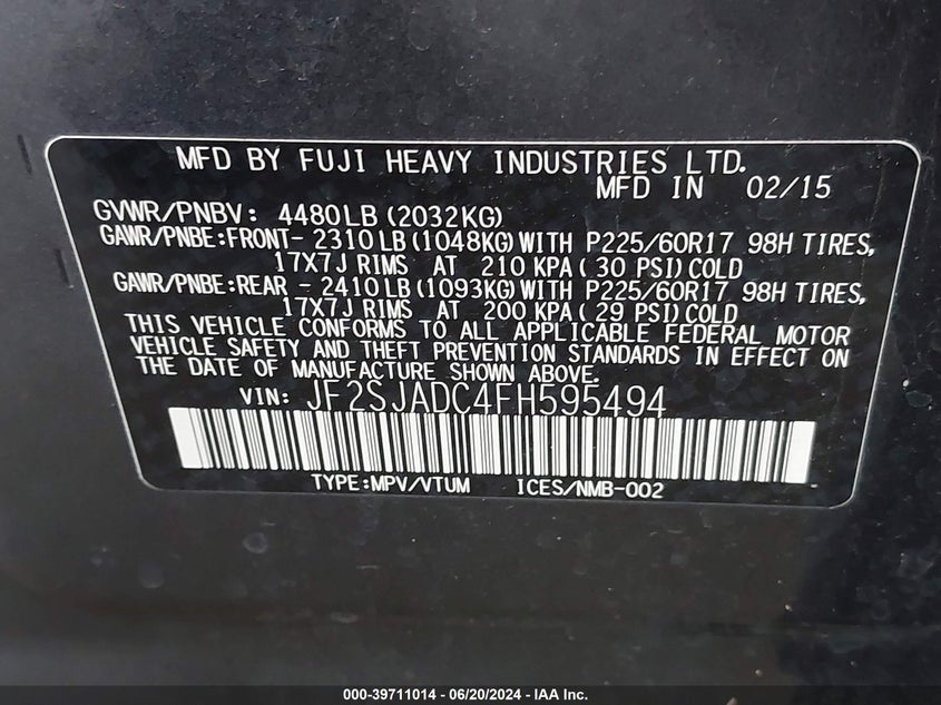 2015 SUBARU FORESTER 2.5I PREMIUM - JF2SJADC4FH595494