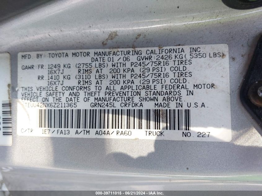 2006 Toyota Tacoma Access Cab VIN: 5TEUU42NX6Z211365 Lot: 39711015