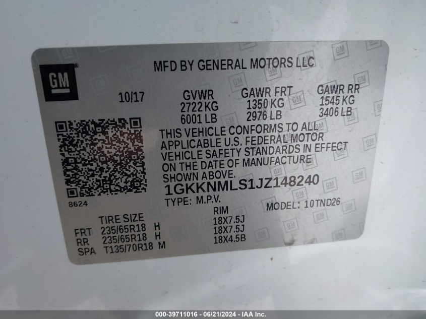 2018 GMC Acadia Slt-1 VIN: 1GKKNMLS1JZ148240 Lot: 39711016