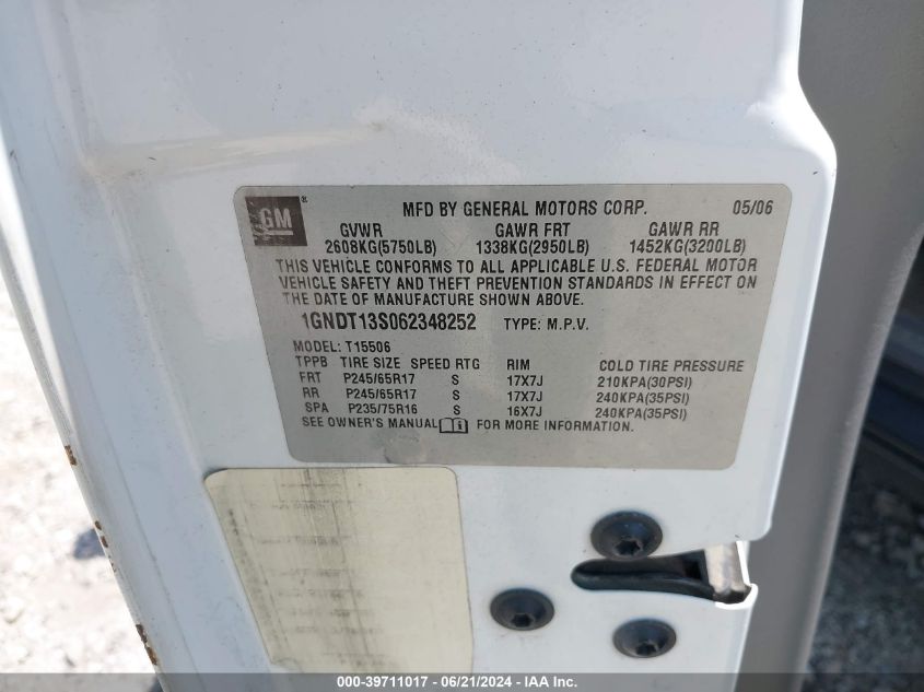 2006 Chevrolet Trailblazer Ls VIN: 1GNDT13S062348252 Lot: 39711017