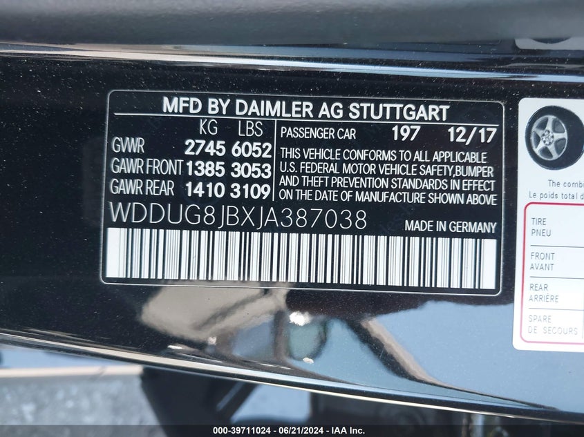 2018 MERCEDES-BENZ AMG S 63 4MATIC VIN: WDDUG8JBXJA387038