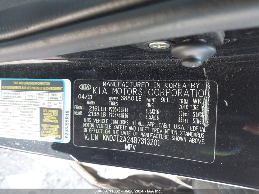 2011 Kia Soul + VIN: KNDJT2A24B7313201 Lot: 39711032