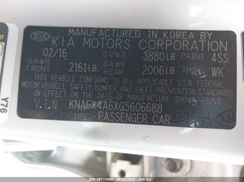 2016 Kia Forte Lx VIN: KNAFX4A6XG5606688 Lot: 39711045