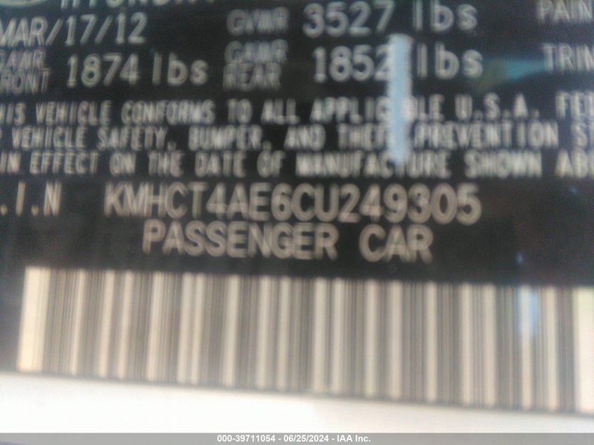 2012 Hyundai Accent Gls VIN: KMHCT4AE6CU249305 Lot: 39711054