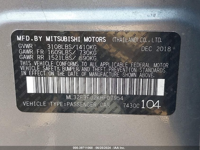 2019 Mitsubishi Mirage G4 Es VIN: ML32F3FJ2KHF07954 Lot: 39711068