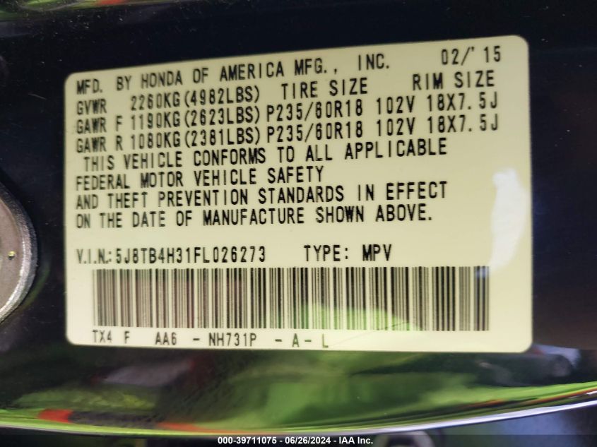 2015 Acura Rdx VIN: 5J8TB4H31FL026273 Lot: 39711075
