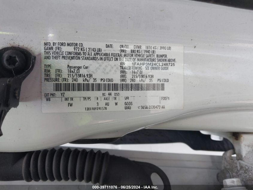 2012 Ford Focus Sel VIN: 1FAHP3M24CL248725 Lot: 39711076