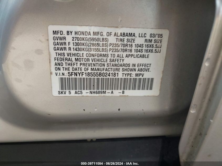 2005 Honda Pilot Ex-L VIN: 5FNYF18555B024181 Lot: 39711084