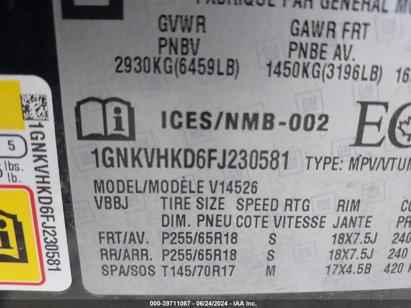 2015 Chevrolet Traverse 2Lt VIN: 1GNKVHKD6FJ230581 Lot: 39711087