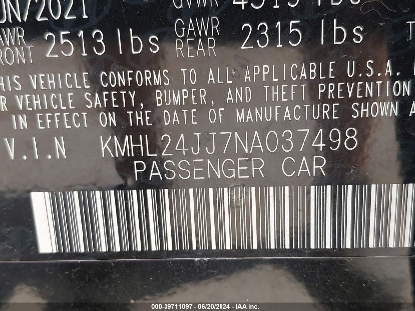 2022 Hyundai Sonata Hybrid Blue VIN: KMHL24JJ7NA037498 Lot: 39711097