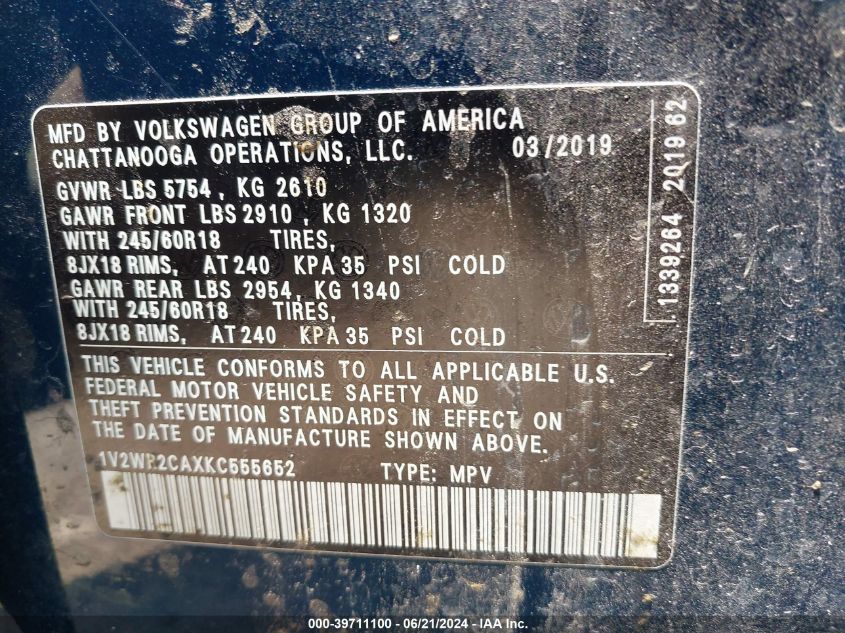 2019 Volkswagen Atlas 3.6L V6 Se W/Technology VIN: 1V2WR2CAXKC555652 Lot: 39711100