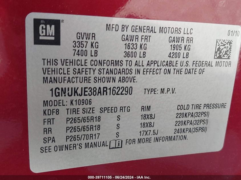 1GNUKJE38AR162162 2010 Chevrolet Suburban 1500 Lt1