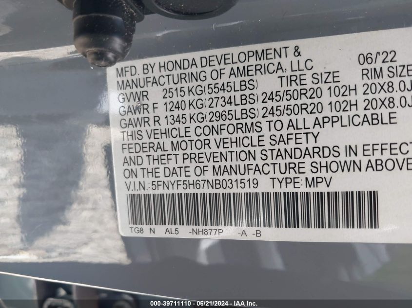 2022 Honda Pilot 2Wd Touring 7 Passenger VIN: 5FNYF5H67NB031519 Lot: 39711110