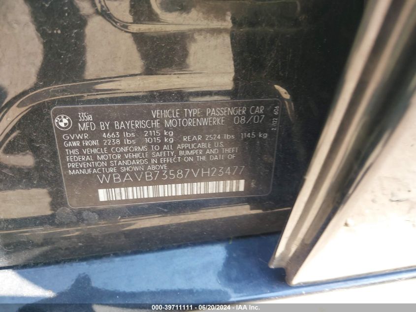 2007 BMW 335I VIN: WBAVB73587VH23477 Lot: 39711111