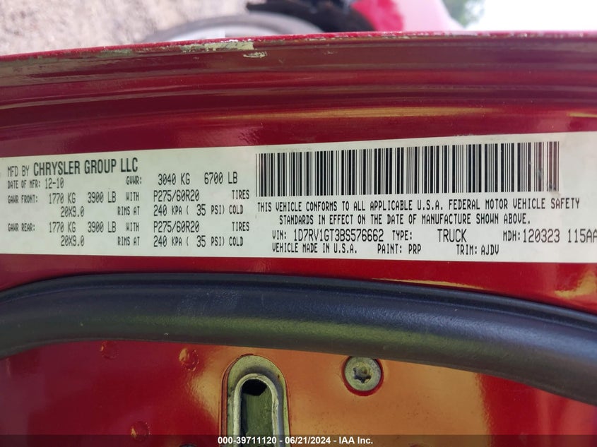 2011 Ram Ram 1500 VIN: 1D7RV1GT3BS576662 Lot: 39711120