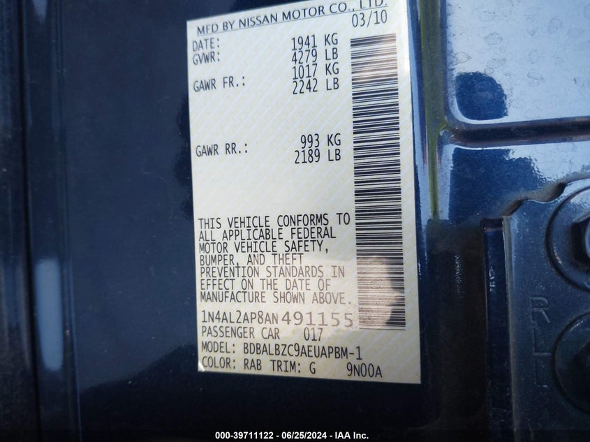 2010 Nissan Altima 2.5 S VIN: 1N4AL2AP8AN491155 Lot: 39711122