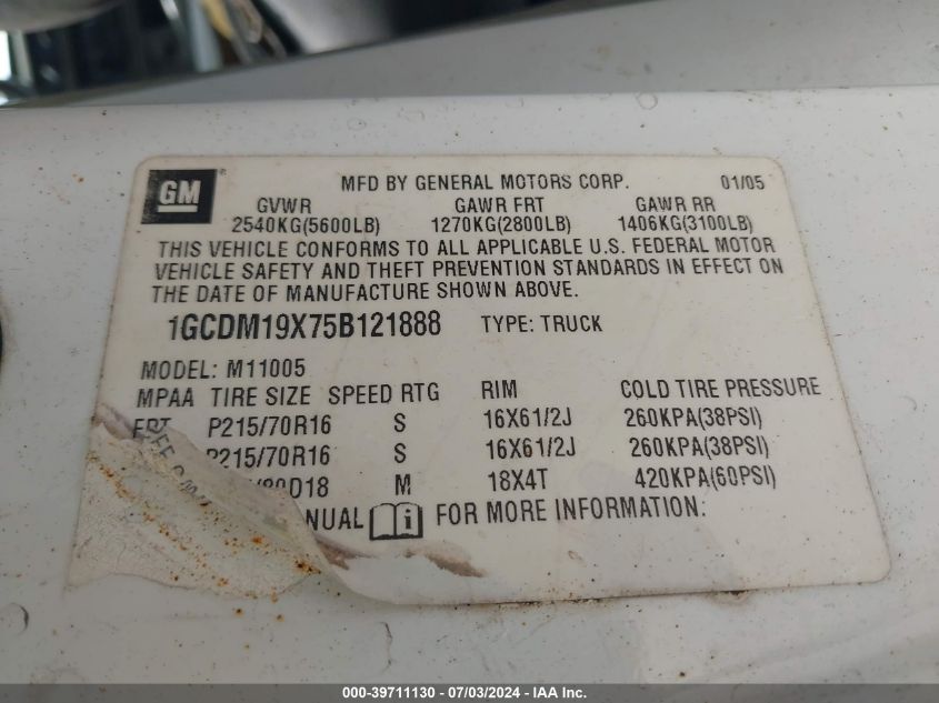 2005 Chevrolet Astro VIN: 1GCDM19X75B121888 Lot: 39711130