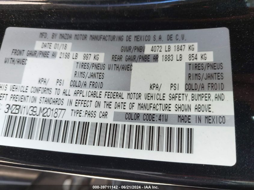2018 Mazda Mazda3 Touring VIN: 3MZBN1V39JM201877 Lot: 39711142