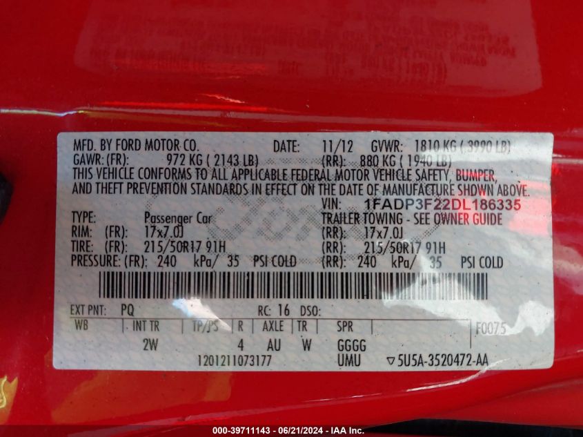 2013 Ford Focus Se VIN: 1FADP3F22DL186335 Lot: 39711143