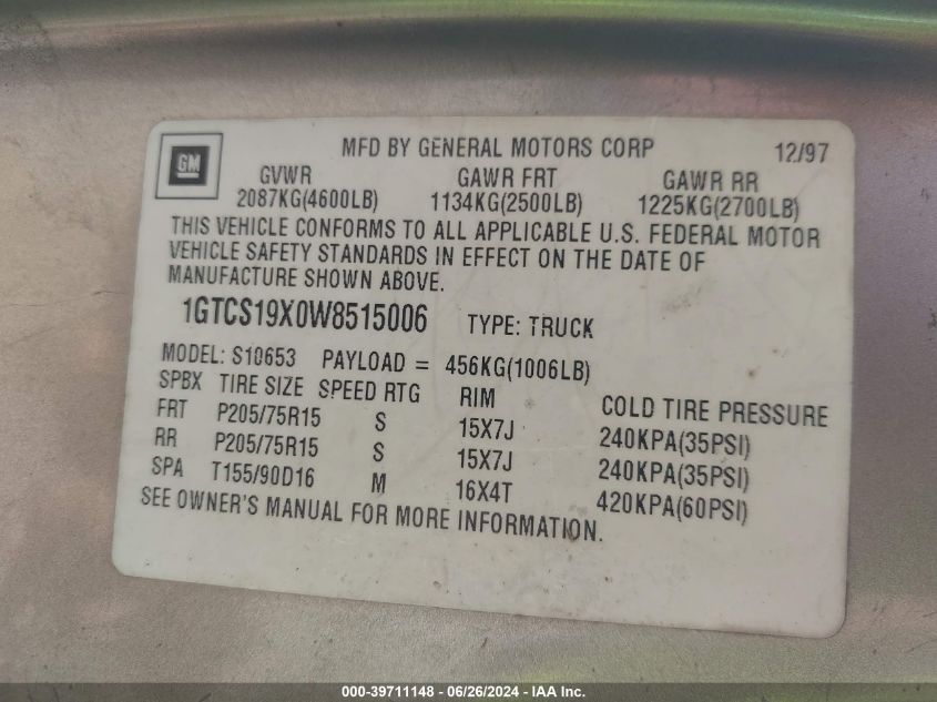 1998 GMC Sonoma Sls VIN: 1GTCS19X0W8515006 Lot: 39711148