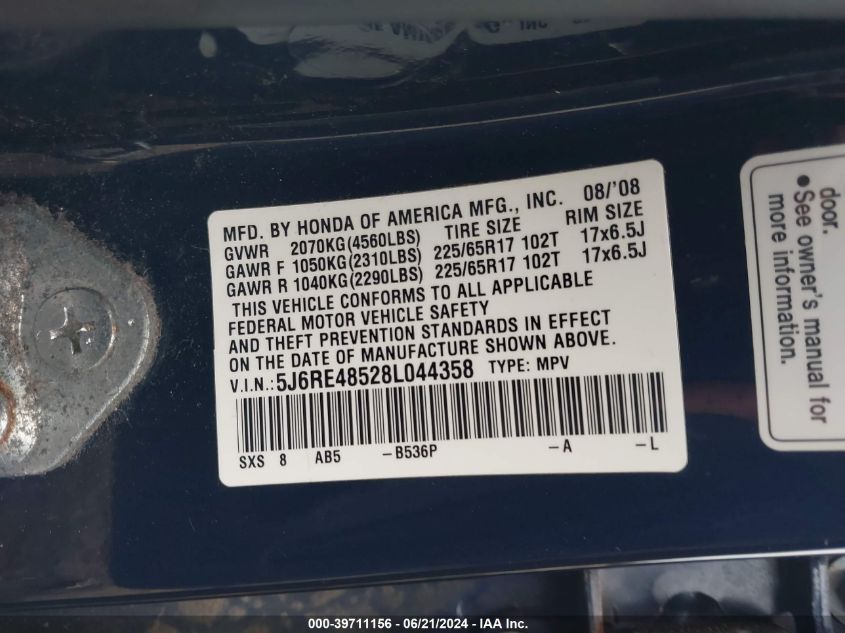 2008 Honda Cr-V Ex VIN: 5J6RE48528L044358 Lot: 39711156