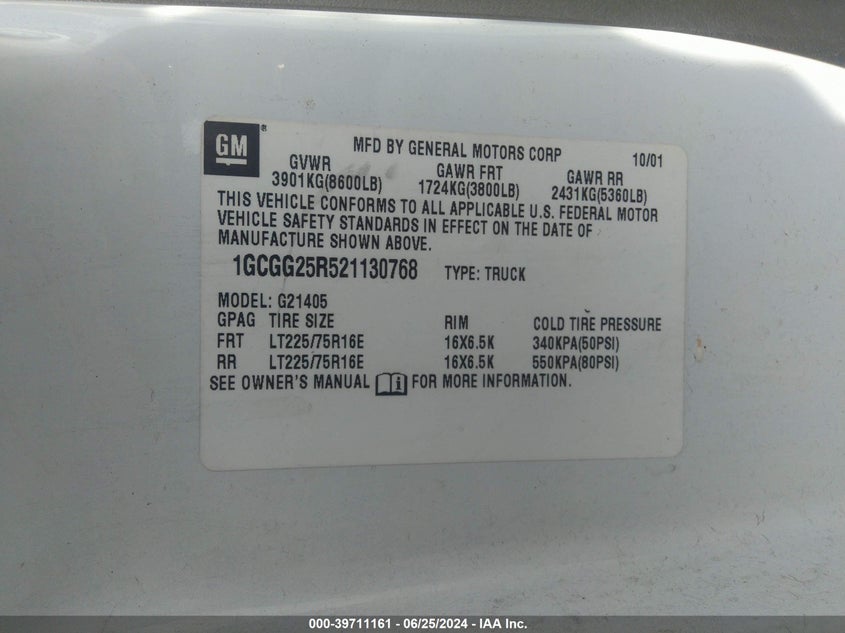 2002 Chevrolet Express VIN: 1GCGG25R521130768 Lot: 39711161