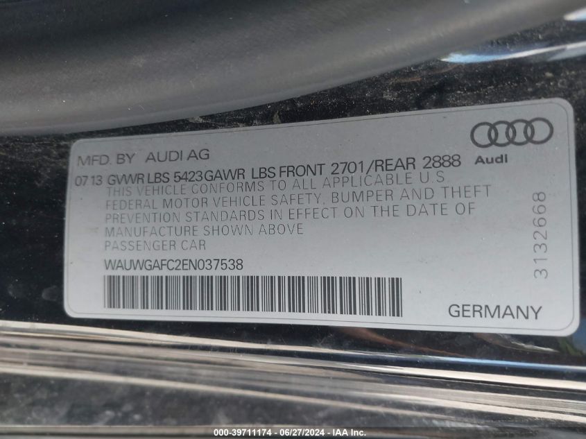 2014 Audi A7 3.0T Premium Plus VIN: WAUWGAFC2EN037538 Lot: 39711174