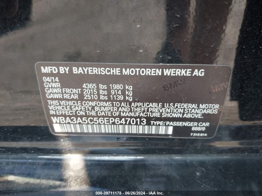 2014 BMW 328I I VIN: WBA3A5C56EP647013 Lot: 39711178
