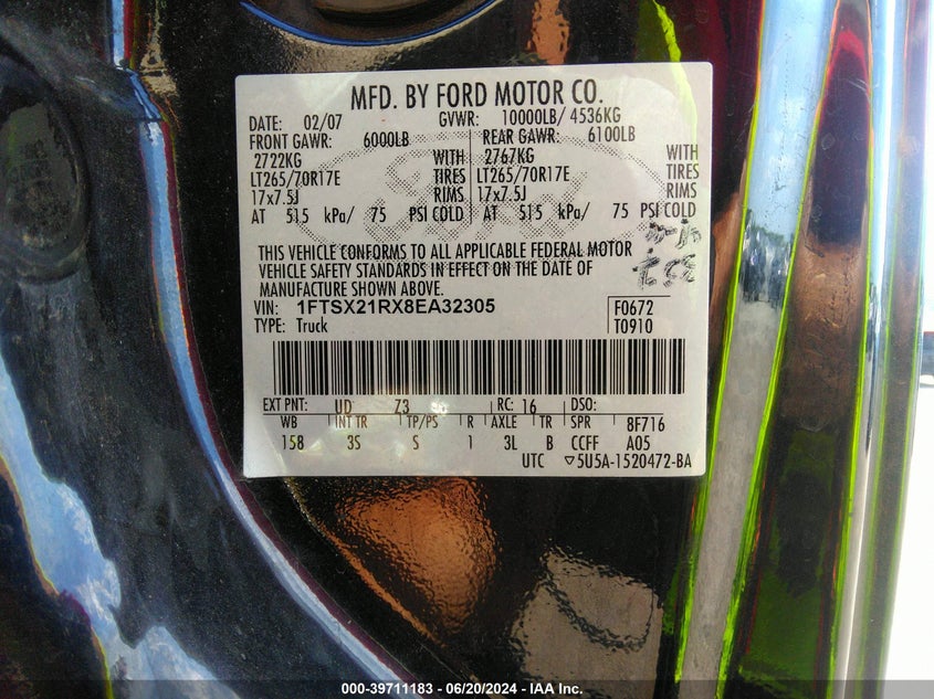 2008 Ford F-250 Fx4/Lariat/Xl/Xlt VIN: 1FTSX21RX8EA32305 Lot: 39711183