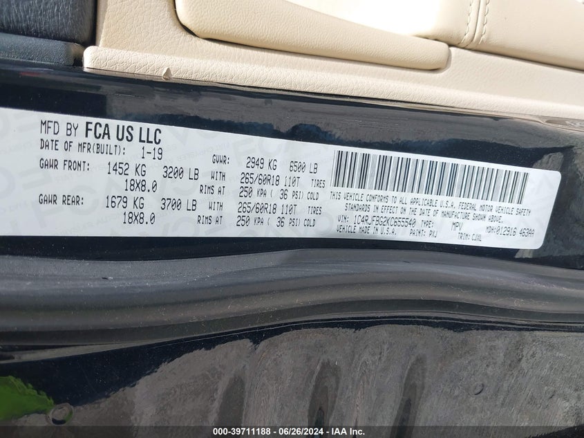 VIN 1C4RJFBG2KC655540 2019 JEEP GRAND CHEROKEE LIMITED