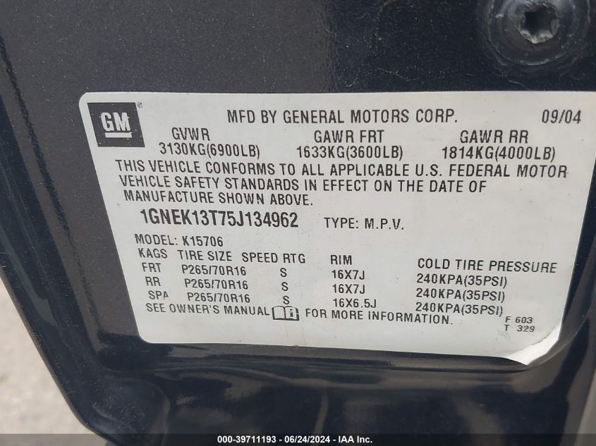 2005 Chevrolet Tahoe Ls VIN: 1GNEK13T75J134962 Lot: 39711193