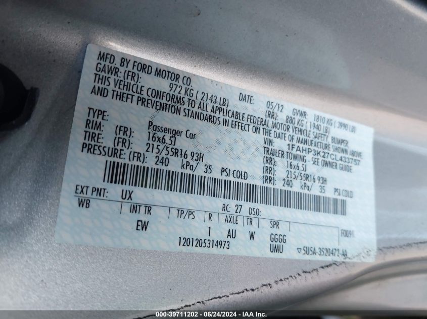 2012 Ford Focus Se VIN: 1FAHP3K27CL433757 Lot: 39711202