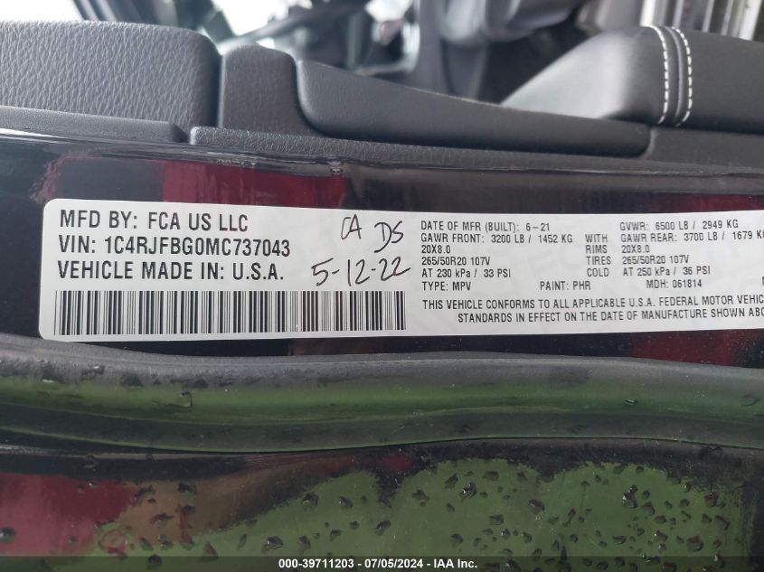 2021 Jeep Grand Cherokee 80Th Anniversary 4X4 VIN: 1C4RJFBG0MC737043 Lot: 39711203