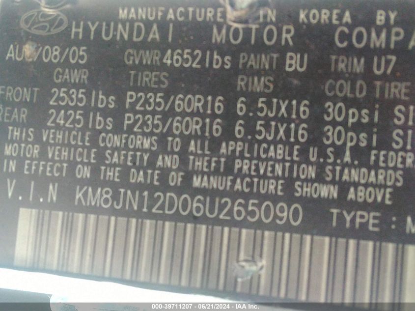 2006 Hyundai Tucson Gls/Limited VIN: KM8JN12D06U265090 Lot: 39711207