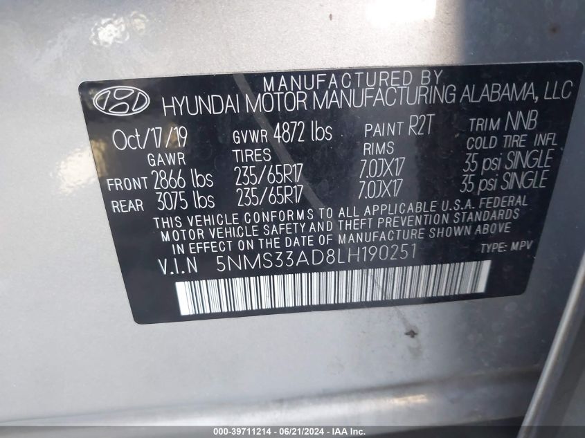 2020 Hyundai Santa Fe Sel VIN: 5NMS33AD8LH190251 Lot: 39711214