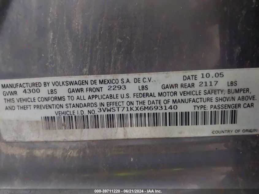2006 Volkswagen Jetta Tdi VIN: 3VWST71KX6M693140 Lot: 39711220
