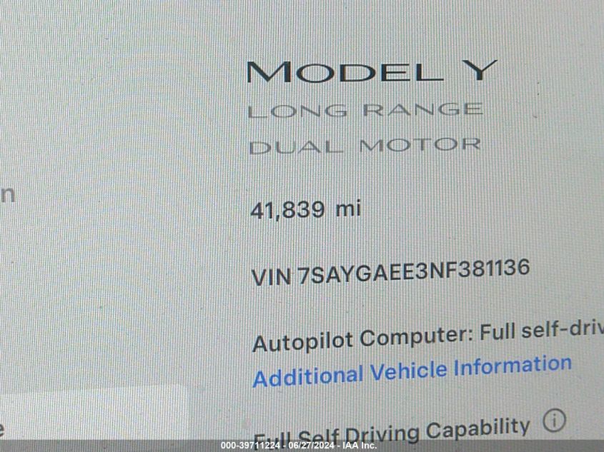 2022 Tesla Model Y Long Range Dual Motor All-Wheel Drive VIN: 7SAYGAEE3NF381136 Lot: 39711224