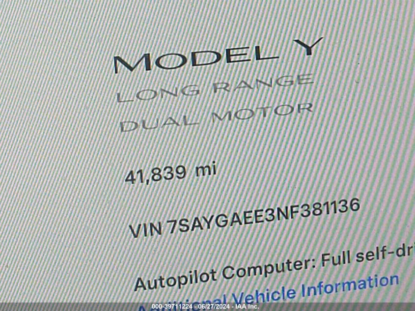 2022 Tesla Model Y Long Range Dual Motor All-Wheel Drive VIN: 7SAYGAEE3NF381136 Lot: 39711224