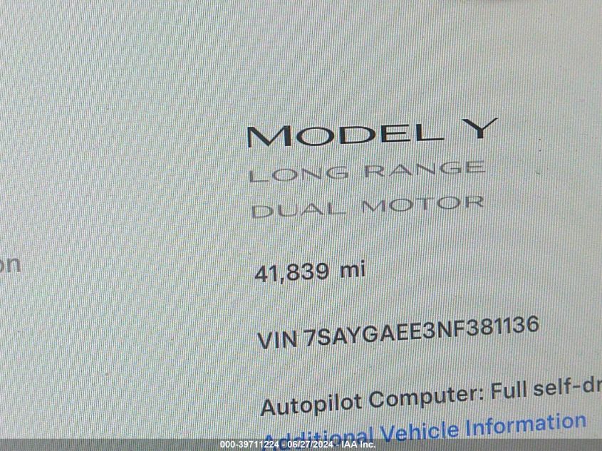 2022 Tesla Model Y Long Range Dual Motor All-Wheel Drive VIN: 7SAYGAEE3NF381136 Lot: 39711224